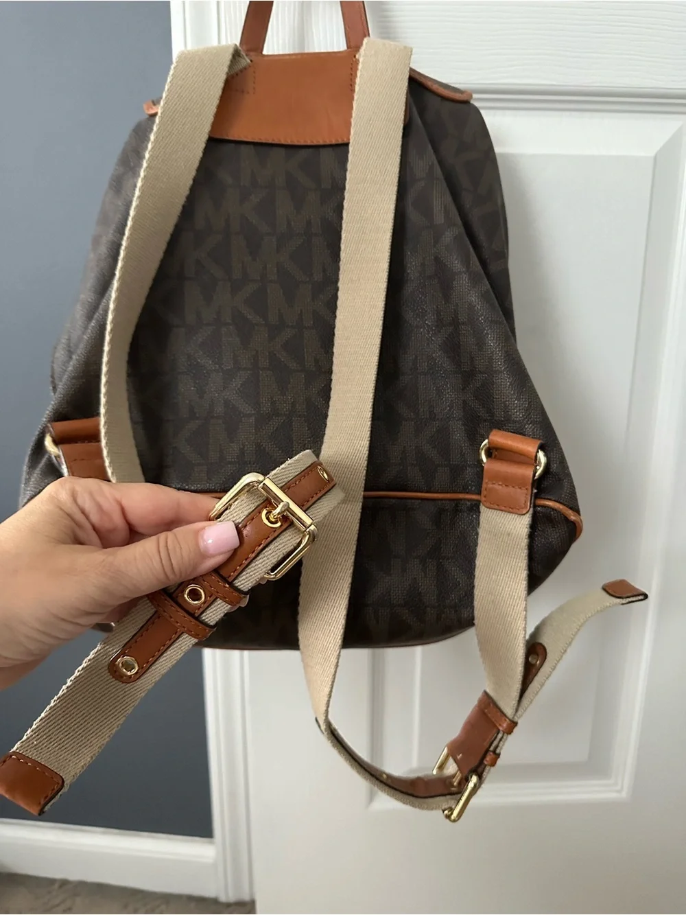 Michael Kors Dark Brown Monogram Backpack with Tan Trim